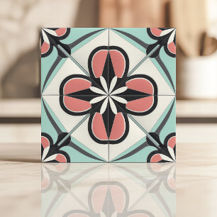 Azulejo De Cerâmica Desenho Floral Art Déco em Rosa, Preto e Verde Men