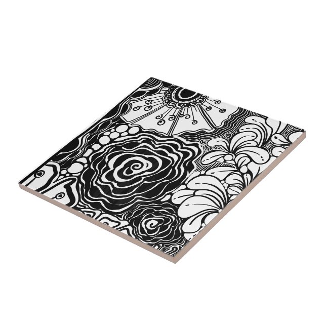 Azulejo De Cerâmica Desenho Floral Padrão De Zen Preto E Branco (Lateral)