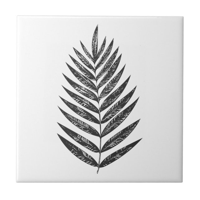Azulejo De Cerâmica Desenho Mínimo de Fern Preto e Branco (Frente)