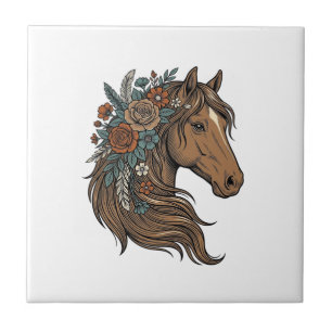 Azulejo De Cerâmica Desenho Vetorial de Cabeça de Cavalo Floral Vintag