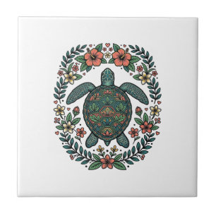 Azulejo De Cerâmica Desenho Vetorial Floral de Tartaruga Marinha Vinta