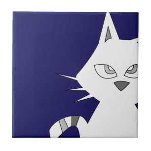 Azulejo De Cerâmica Desenhos animados brancos do gato no azul