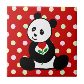 Azulejo De Cerâmica Desenhos animados da panda e uma flor do coração