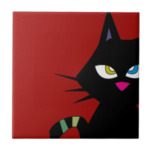 Azulejo De Cerâmica Desenhos animados do gato preto no vermelho
