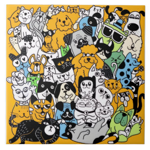 Azulejo De Cerâmica Desenhos rabiscados de gatos e cães