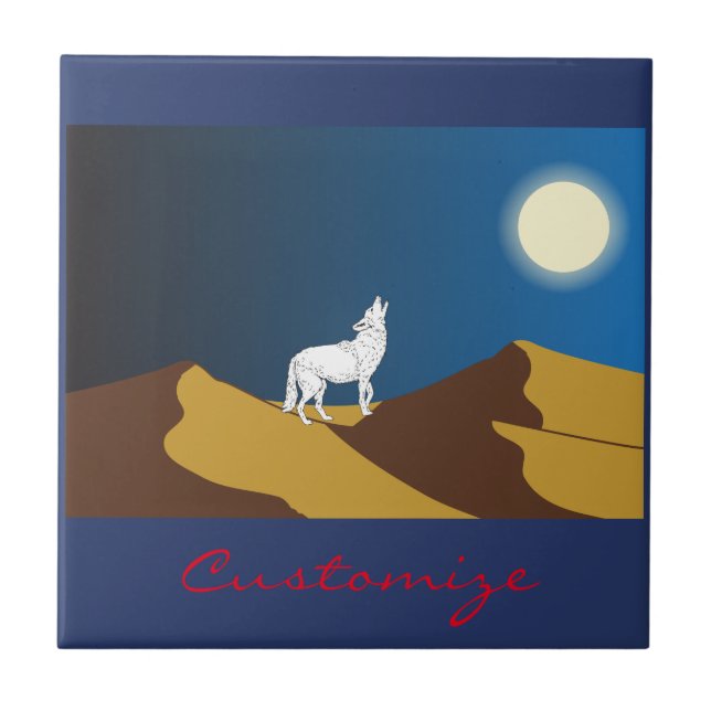 Azulejo De Cerâmica Desert Coyote Howling Full Moon Thunder_Cove (Frente)