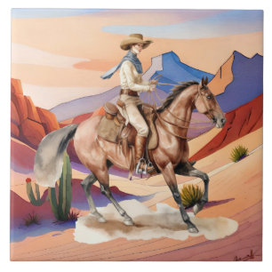 Azulejo De Cerâmica deserto fofo de cowgirl Ocidental