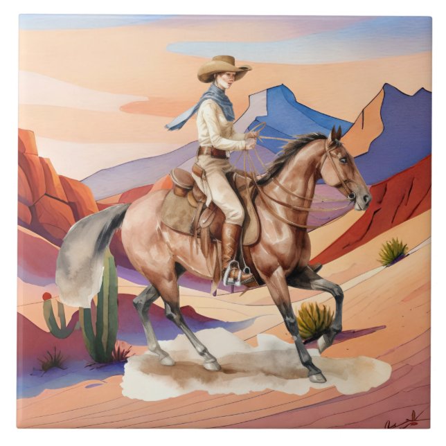Azulejo De Cerâmica deserto fofo de cowgirl Ocidental (Frente)