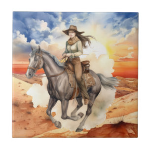 Azulejo De Cerâmica deserto fofo de cowgirl Ocidental