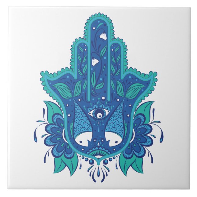 Azulejo De Cerâmica Design azul de Hamsa (Frente)