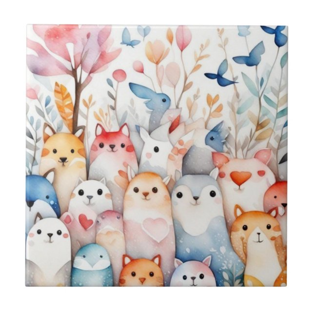 Azulejo De Cerâmica Design bonitinho de animais florais (Frente)