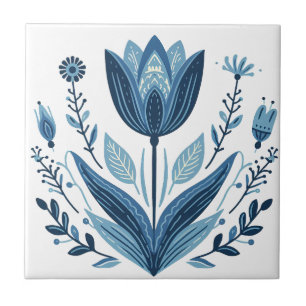 Azulejo De Cerâmica Design Botânico Rustic Blue Tulip Flower Folk