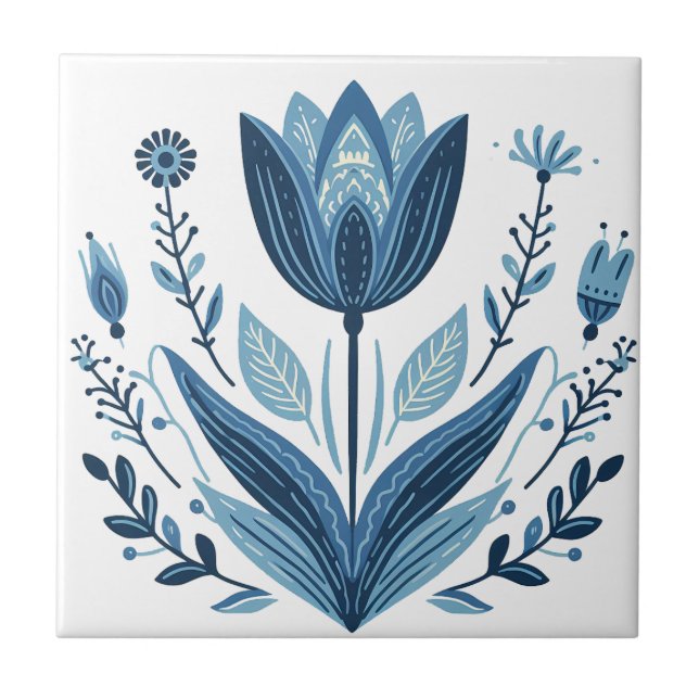 Azulejo De Cerâmica Design Botânico Rustic Blue Tulip Flower Folk (Frente)