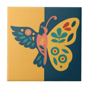 Azulejo De Cerâmica Design caprichoso de borboleta e beija-flor