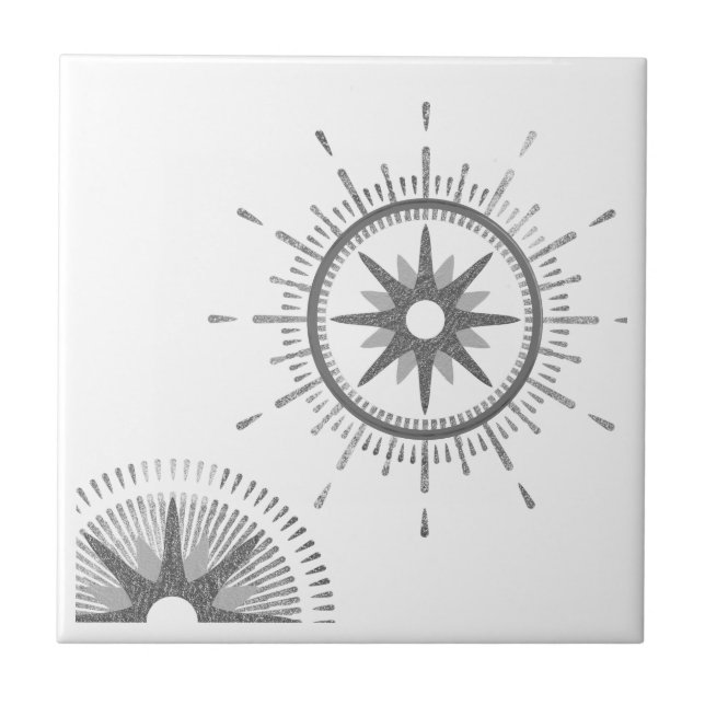 Azulejo De Cerâmica Design Celestial de Starburst de Prata Moderna (Frente)