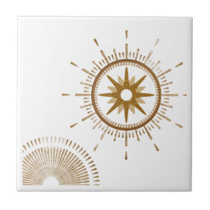 Azulejo De Cerâmica Design Celestial de Starburst Dourado e branco mod