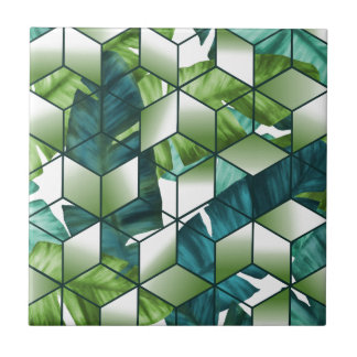 Azulejo De Cerâmica Design cúbico tropical das folhas da banana do