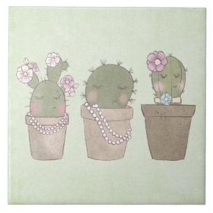 Azulejo De Cerâmica Design de Aquarela Smiling Cactus Trio