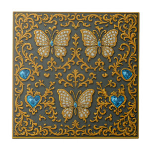 Azulejo De Cerâmica Design de Borboleta Decorativa em Dourado e Azul