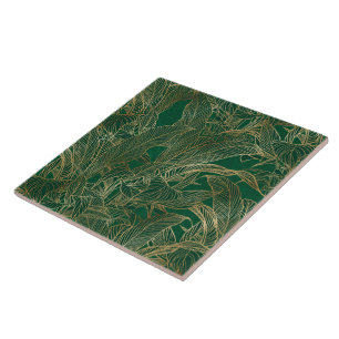 Azulejo De Cerâmica Design de Botânica da Dourada Folhagem Verde Mode
