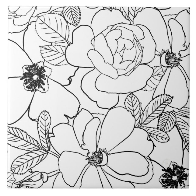 Azulejo De Cerâmica Design de Desenho de Linha Floral de Rosas Elegant (Frente)