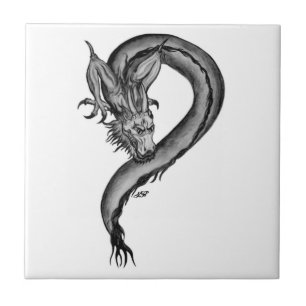 Azulejo De Cerâmica Design de dragão preto e branco