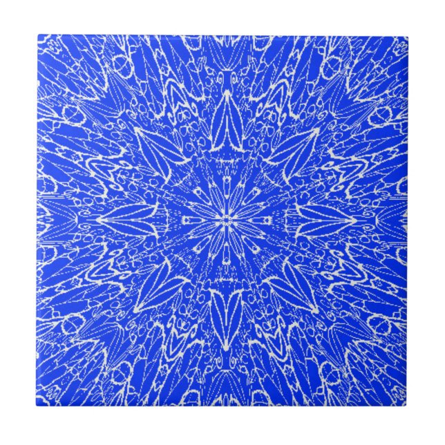 Azulejo De Cerâmica Design de estrela geométrica branca do índigo azul (Frente)