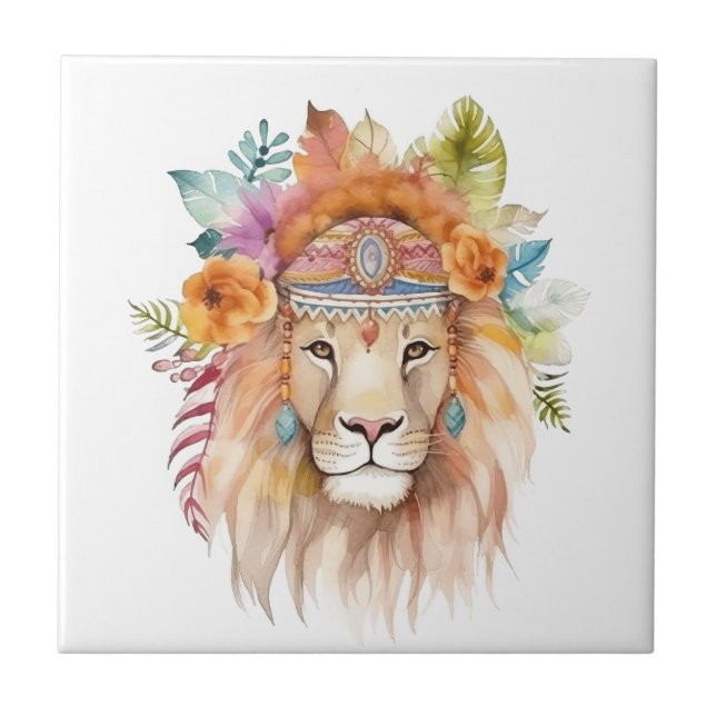 Azulejo De Cerâmica Design de leão hippie-branco (Frente)
