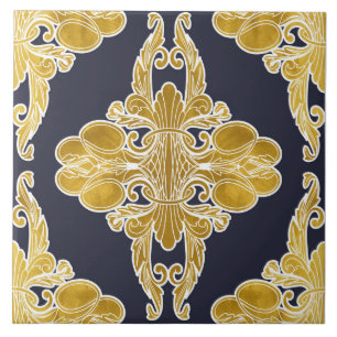 Azulejo De Cerâmica Design de luxo, padrão floral, azul marinho, ouro