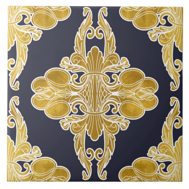 Azulejo De Cerâmica Design de luxo, padrão floral, azul marinho, ouro (Frente)
