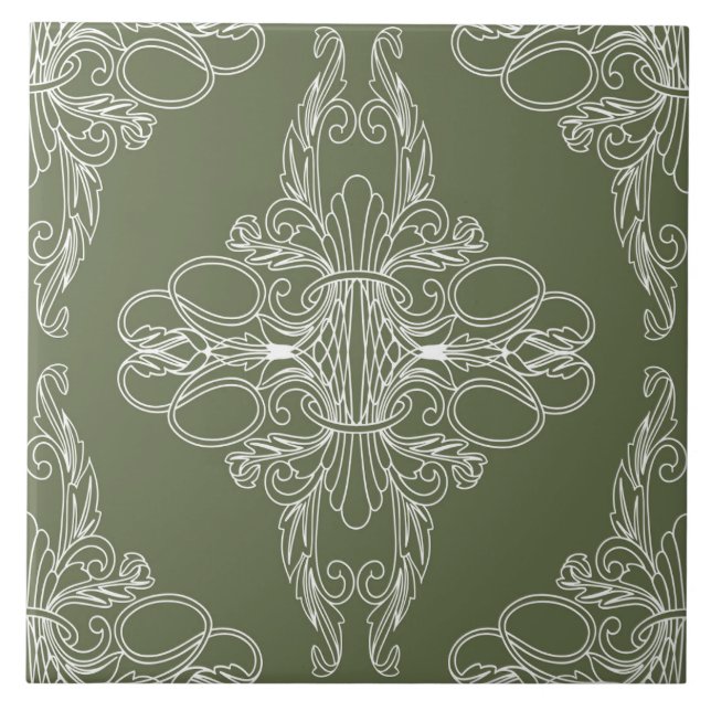Azulejo De Cerâmica Design de luxo, padrão floral, verde-oliva, branco (Frente)