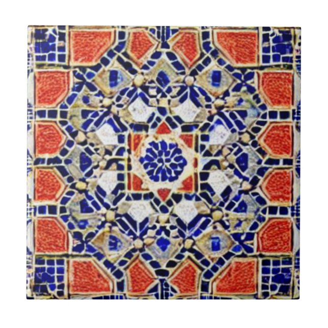 Azulejo De Cerâmica Design de mosaico marroquino azul marinho vermelho (Frente)