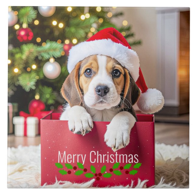 Azulejo De Cerâmica Design de Natal de Cachorrinho Beagle, (Frente)