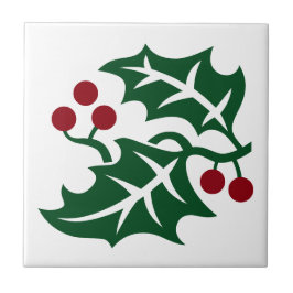 Azulejo De Cerâmica Design de Natal Green Holly e Red Berries