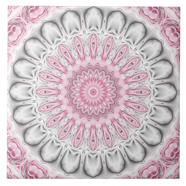 Azulejo De Cerâmica Design de Padrão de Mandala Cor-de-Rosa e Branco (Frente)