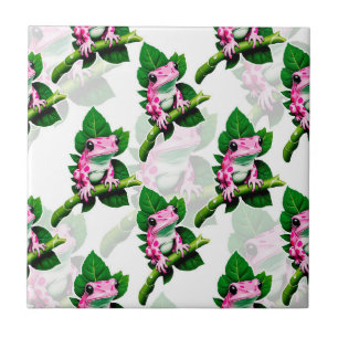 Azulejo De Cerâmica Design de padrão de sapo rosa em folha verde