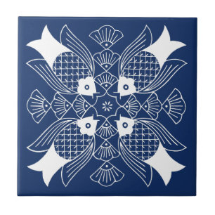 Azulejo De Cerâmica Design de Peixes Submarinos com Fundo Azul