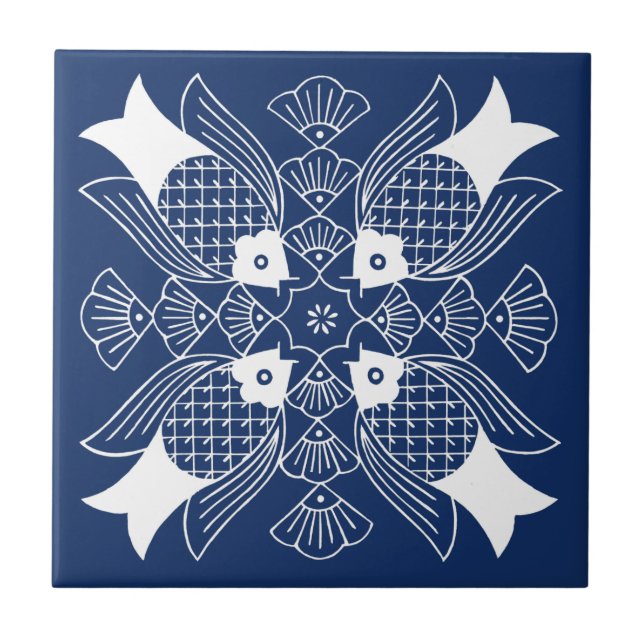 Azulejo De Cerâmica Design de Peixes Submarinos com Fundo Azul (Frente)