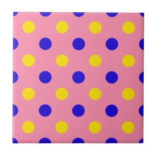 Azulejo De Cerâmica Design de Pontos Polka Azul Rosa Amarelo