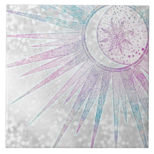 Azulejo De Cerâmica Design de prata Elegante Iridescente Sun Moon Mand