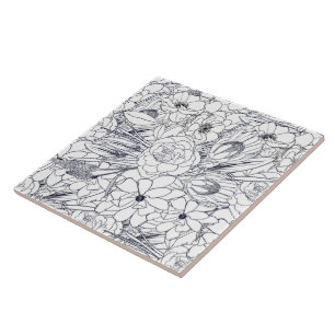 Azulejo De Cerâmica Design de Rapariga Floral Desenhada em Linha Moder