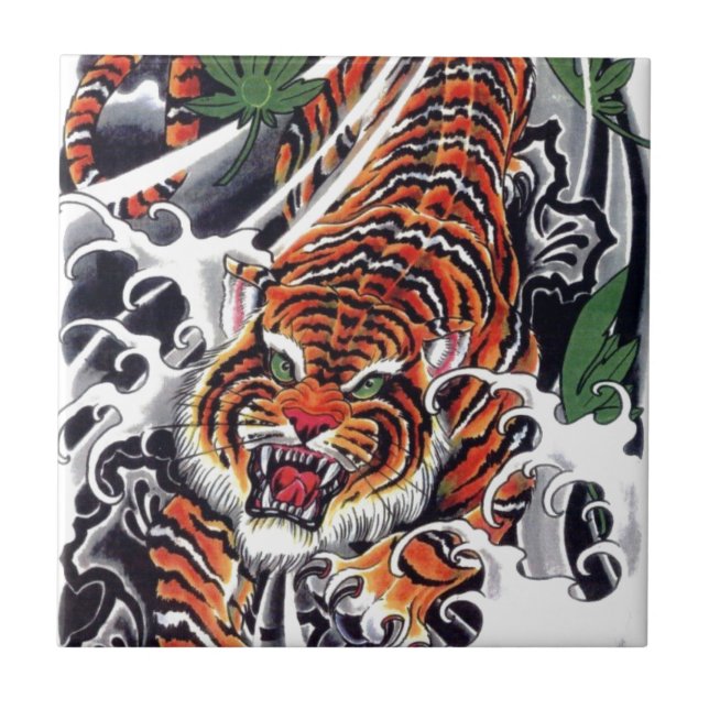 Azulejo De Cerâmica Design de Tigre e Mapeamento Japonês (Frente)