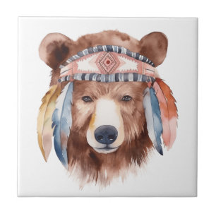 Azulejo De Cerâmica Design de urso hippie de aquarela branca