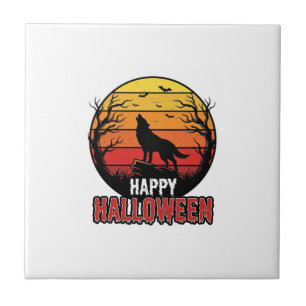 Azulejo De Cerâmica Design de Vetor Vintage Lobo Uivando Feliz Hallowe
