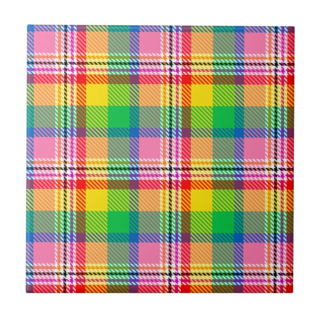 Azulejo De Cerâmica Design de Xadrez de Tartan Amarelo verde-rosa (Frente)