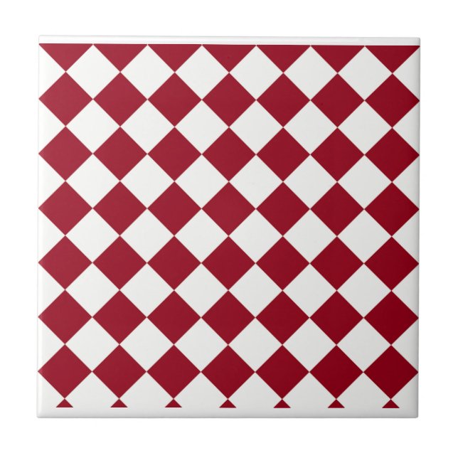 Azulejo De Cerâmica Design do Verificador Vermelho e Branco (Frente)