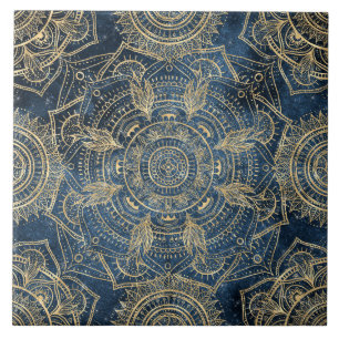 Azulejo De Cerâmica Design elegante Dourado de Mandala Azul