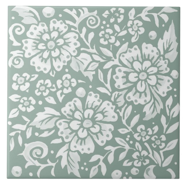 Azulejo De Cerâmica Design Flor Branco Verde bonito (Frente)