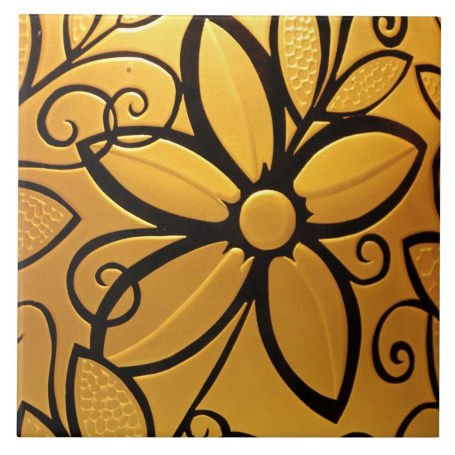 Azulejo De Cerâmica Design Floral Amarelo-Ouro radiante (Frente)