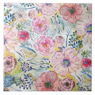 Azulejo De Cerâmica Design floral de tinta de mão aquosa